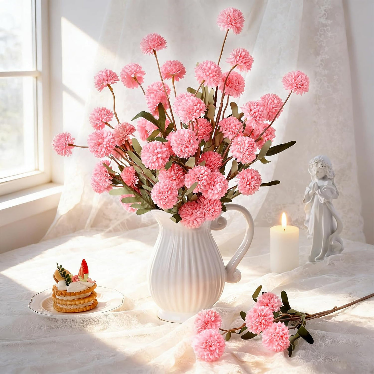 10pcs Pink Fake Flowers, Artificial Pompon Mums