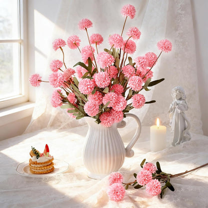 10pcs Pink Fake Flowers, Artificial Pompon Mums