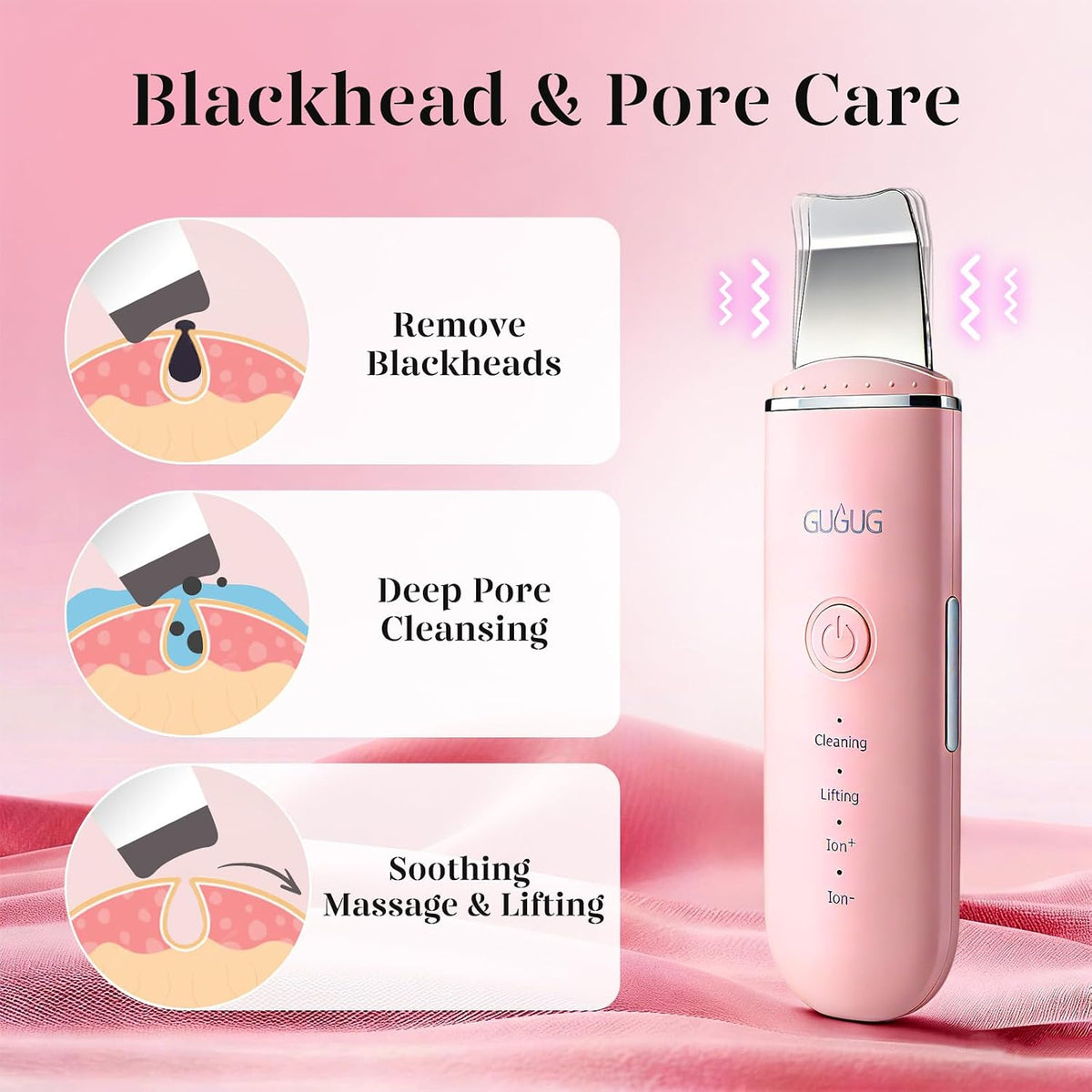 Skin Scrubber Spatula Pore Cleaner Blackhead Remover,4 Modes,Pink