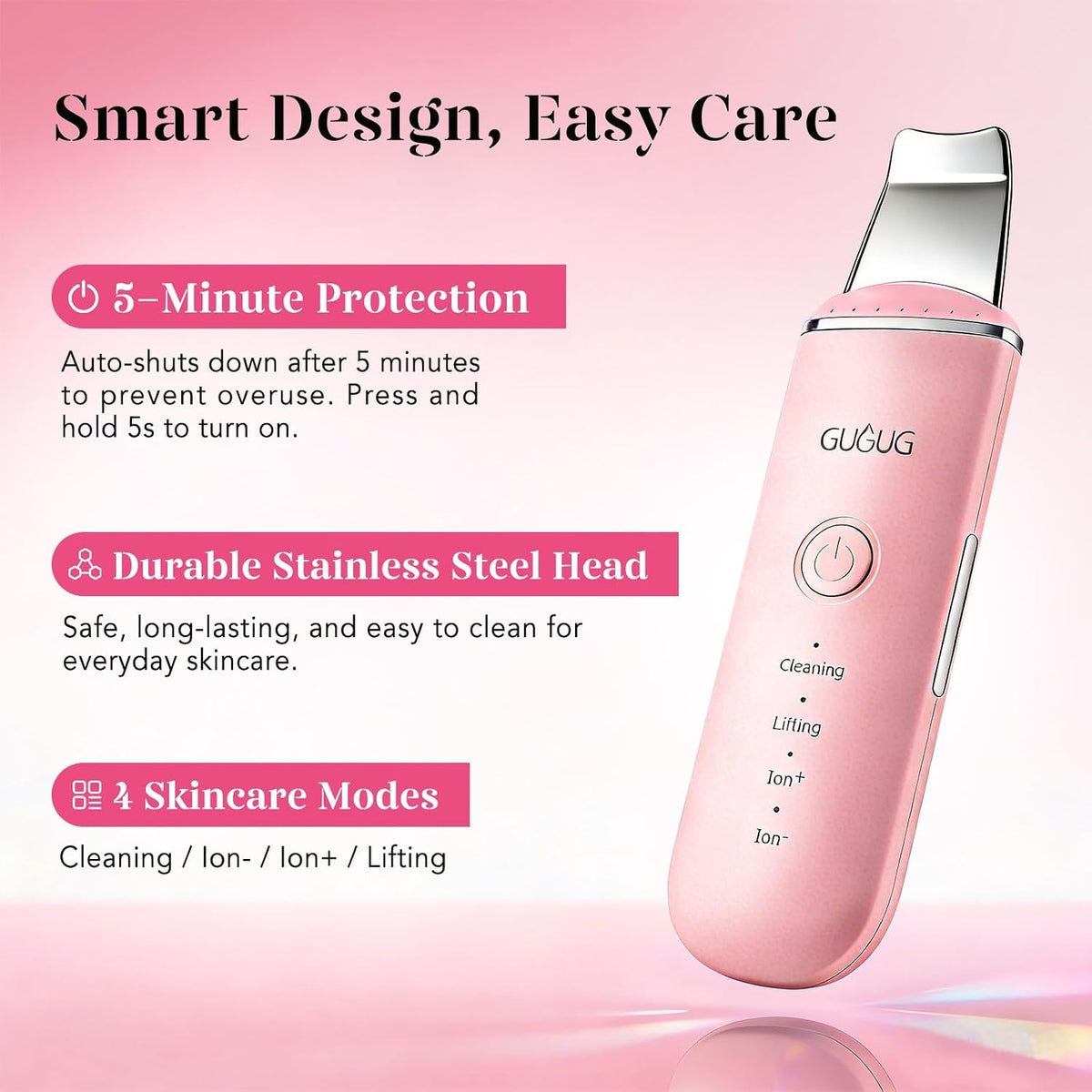 Skin Scrubber Spatula Pore Cleaner Blackhead Remover,4 Modes,Pink
