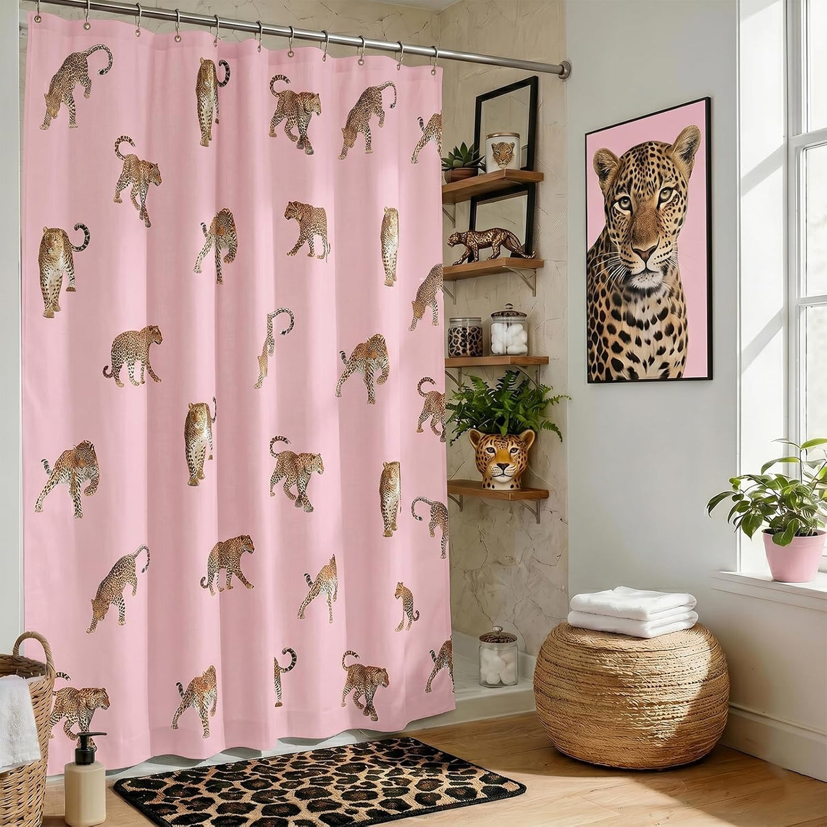 Pink Shower Curtain Vintage Leopard Print Shower Curtain 72 X 72 Inch