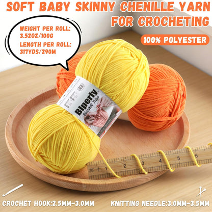 Skinny Chenille Yarn for Crocheting and Knitting - 3 Pack of 100g/317yds Ultra Soft Fluffy Plush Velvet Yarn - #2 Crochet Yarn for Amigurumi, Blankets, Plush Dolls, Baby Clothes (3, Light Pink)
