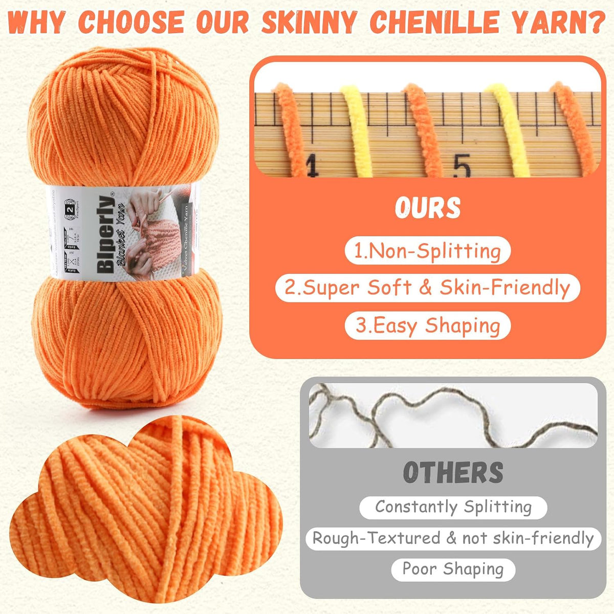 Skinny Chenille Yarn for Crocheting and Knitting - 3 Pack of 100g/317yds Ultra Soft Fluffy Plush Velvet Yarn - #2 Crochet Yarn for Amigurumi, Blankets, Plush Dolls, Baby Clothes (3, Light Pink)
