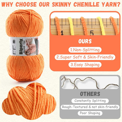 Skinny Chenille Yarn for Crocheting and Knitting - 3 Pack of 100g/317yds Ultra Soft Fluffy Plush Velvet Yarn - #2 Crochet Yarn for Amigurumi, Blankets, Plush Dolls, Baby Clothes (3, Light Pink)