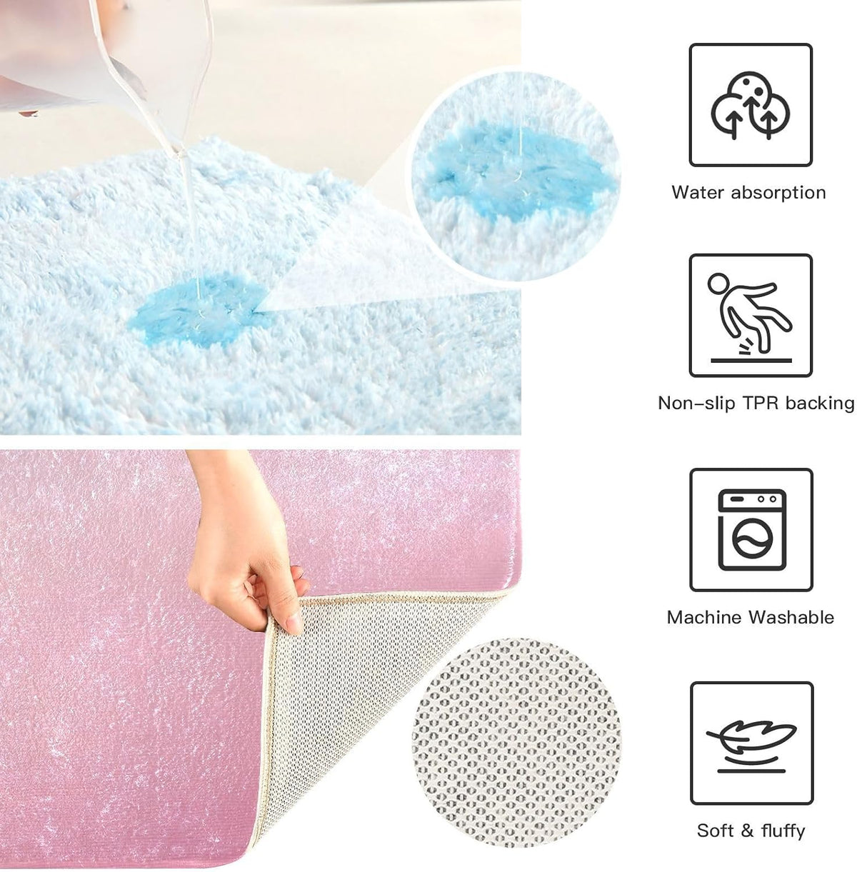 Minimalist Pink Plush Rectangle Bath Rug, Soft Absorbent Fluffy Bathroom Mat with Non Slip TPR Backing for Shower Sink Floor, 16 x 24 in