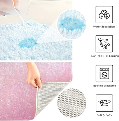 Minimalist Pink Plush Rectangle Bath Rug, Soft Absorbent Fluffy Bathroom Mat with Non Slip TPR Backing for Shower Sink Floor, 16 x 24 in