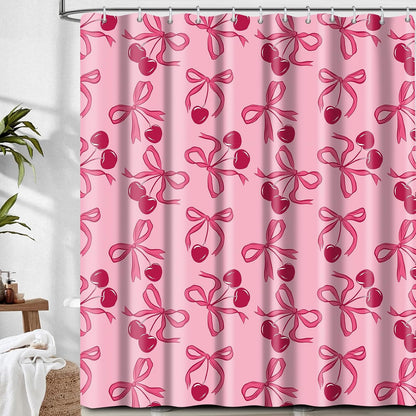 Shower Curtain for Bathroom, Cute Shower Curtain Sets with 12 Hooks, Waterproof Fabric Bath Curtain for Home, 72Wx72H Cute Pink Bow