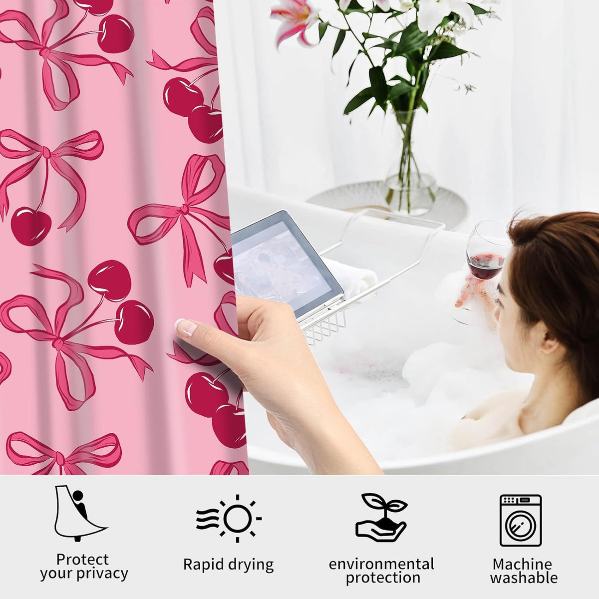 Shower Curtain for Bathroom, Cute Shower Curtain Sets with 12 Hooks, Waterproof Fabric Bath Curtain for Home, 72Wx72H Cute Pink Bow