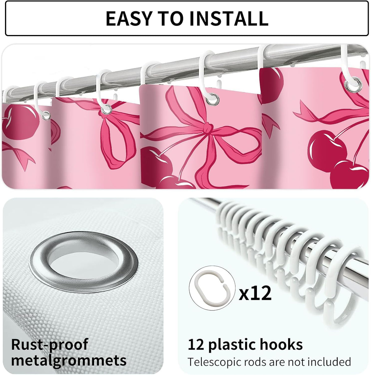 Shower Curtain for Bathroom, Cute Shower Curtain Sets with 12 Hooks, Waterproof Fabric Bath Curtain for Home, 72Wx72H Cute Pink Bow
