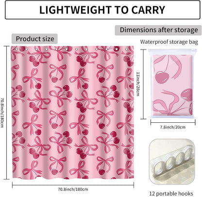Shower Curtain for Bathroom, Cute Shower Curtain Sets with 12 Hooks, Waterproof Fabric Bath Curtain for Home, 72Wx72H Cute Pink Bow