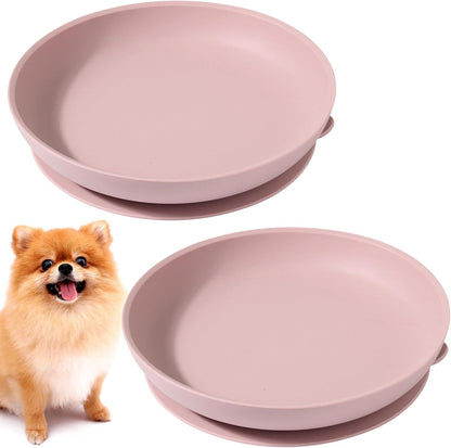 2Pcs Suction Cup Dog Bowl Silicone Senior Dogs Plates Noiseless Puppy Food & Water Dish Shallow Pet Feeding Bowls for Small & Medium-Sized Flat-Faced Pets and All Cat (Round Pink)