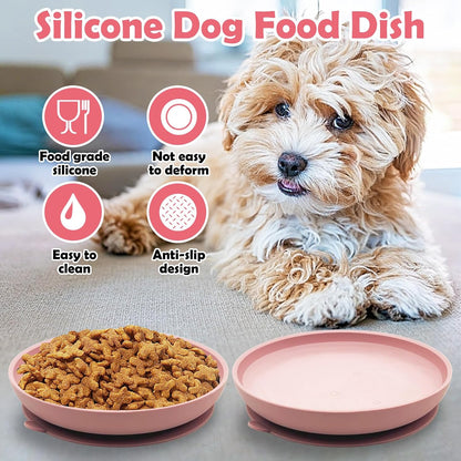 2Pcs Suction Cup Dog Bowl Silicone Senior Dogs Plates Noiseless Puppy Food & Water Dish Shallow Pet Feeding Bowls for Small & Medium-Sized Flat-Faced Pets and All Cat (Round Pink)