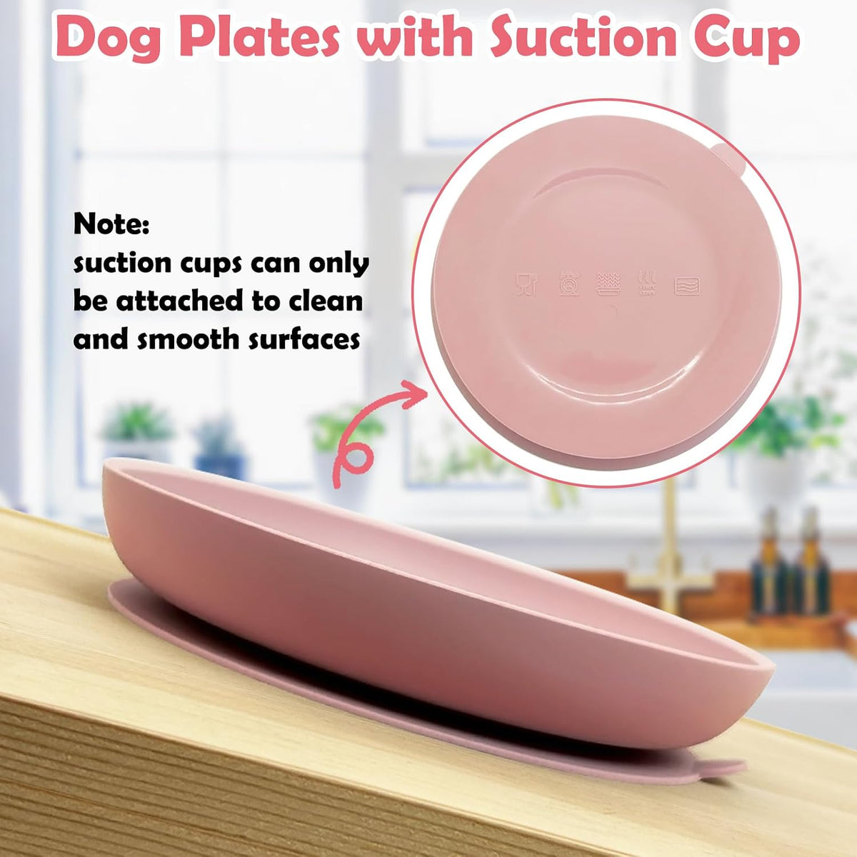 2Pcs Suction Cup Dog Bowl Silicone Senior Dogs Plates Noiseless Puppy Food & Water Dish Shallow Pet Feeding Bowls for Small & Medium-Sized Flat-Faced Pets and All Cat (Round Pink)