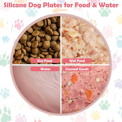 2Pcs Suction Cup Dog Bowl Silicone Senior Dogs Plates Noiseless Puppy Food & Water Dish Shallow Pet Feeding Bowls for Small & Medium-Sized Flat-Faced Pets and All Cat (Round Pink)