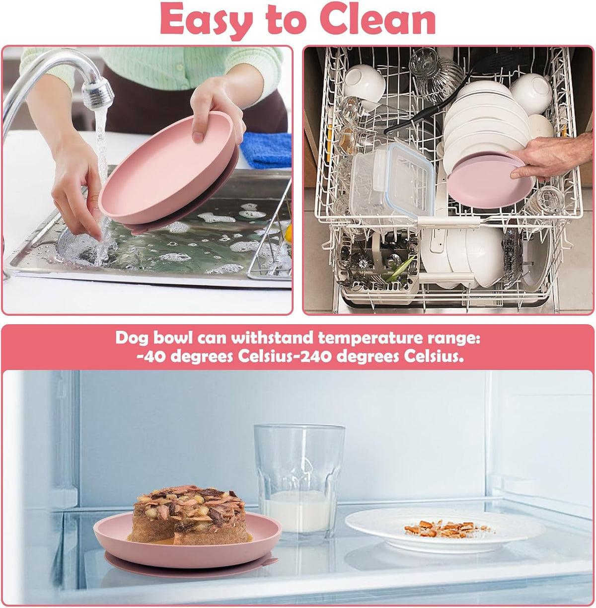 2Pcs Suction Cup Dog Bowl Silicone Senior Dogs Plates Noiseless Puppy Food & Water Dish Shallow Pet Feeding Bowls for Small & Medium-Sized Flat-Faced Pets and All Cat (Round Pink)