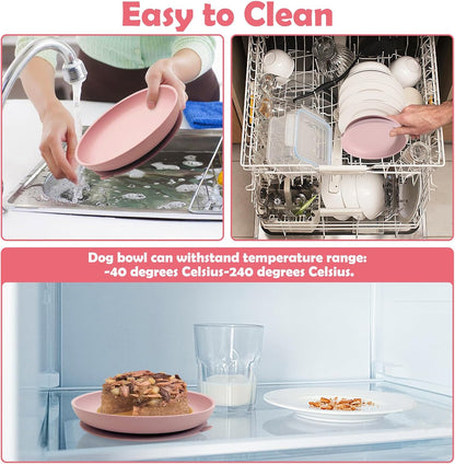 2Pcs Suction Cup Dog Bowl Silicone Senior Dogs Plates Noiseless Puppy Food & Water Dish Shallow Pet Feeding Bowls for Small & Medium-Sized Flat-Faced Pets and All Cat (Round Pink)