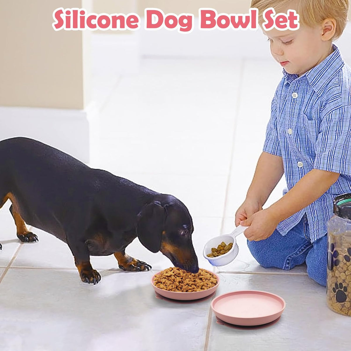 2Pcs Suction Cup Dog Bowl Silicone Senior Dogs Plates Noiseless Puppy Food & Water Dish Shallow Pet Feeding Bowls for Small & Medium-Sized Flat-Faced Pets and All Cat (Round Pink)