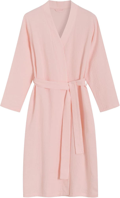 Women's Cotton Gauze Robe Lightweight Absorbent Bathrobe with Pockets