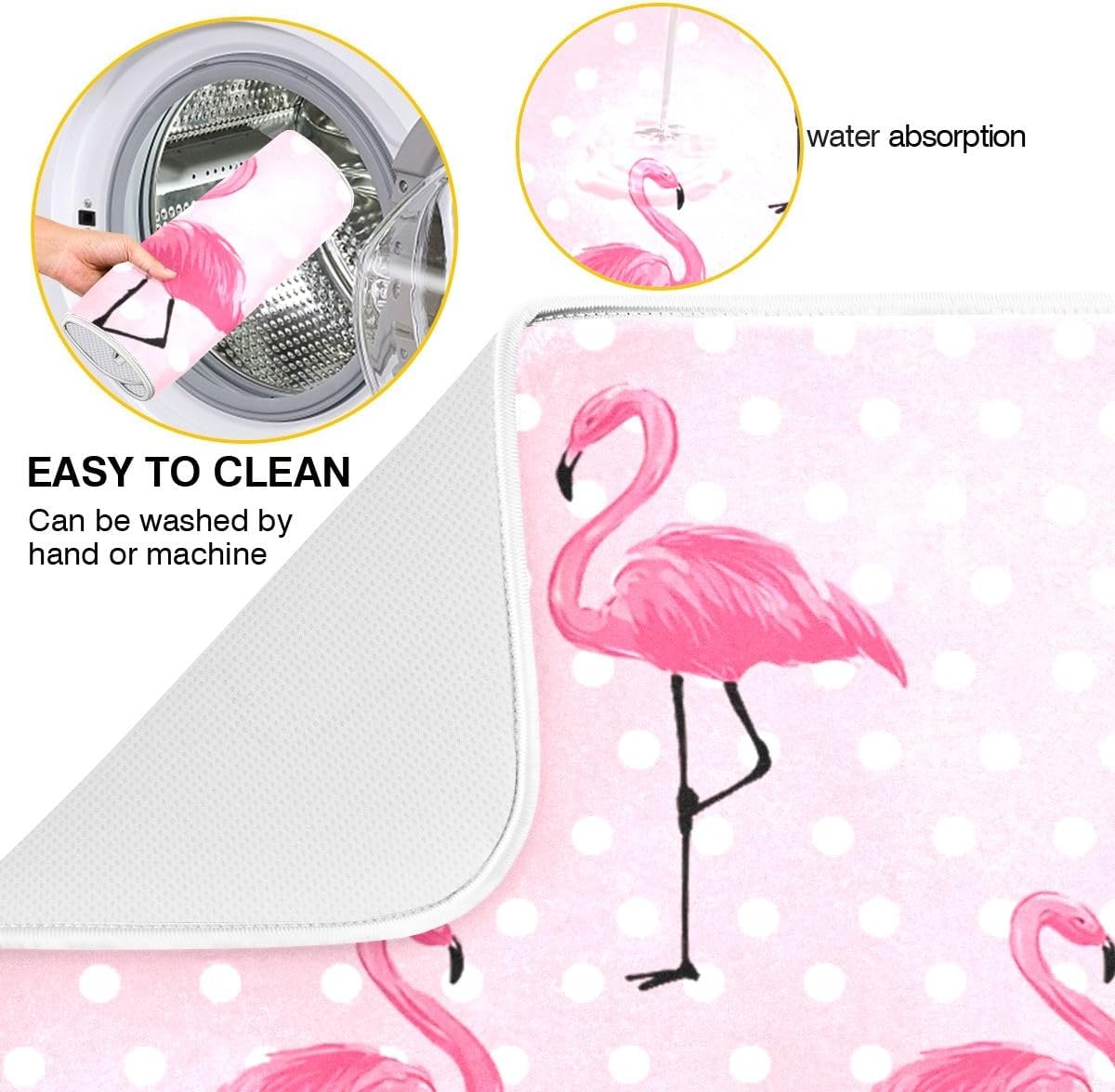 Cute Pink Flamingo Dish Drying Mat for Kitchen Counter Absorbent Heat Resistant Microfiber Dishes Drainer Mat 16x18 in Dish Pad Sink Mat Protective Pad Kitchen Decor