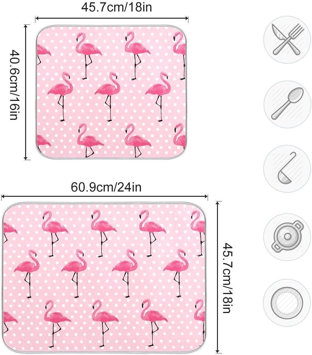 Cute Pink Flamingo Dish Drying Mat for Kitchen Counter Absorbent Heat Resistant Microfiber Dishes Drainer Mat 16x18 in Dish Pad Sink Mat Protective Pad Kitchen Decor