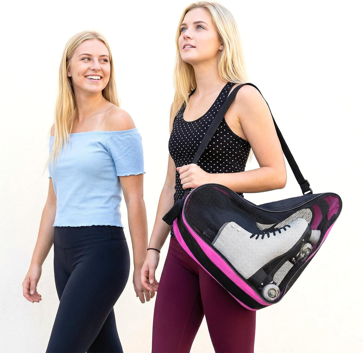 2 Pack Skate Bags with Adjustable Strap, Oxford Cloth Roller & Ice Skates Storage Bag for Shoes, Blades, Protective Gear - Light Blue & Pink