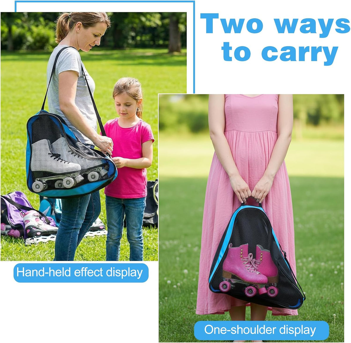 2 Pack Skate Bags with Adjustable Strap, Oxford Cloth Roller & Ice Skates Storage Bag for Shoes, Blades, Protective Gear - Light Blue & Pink