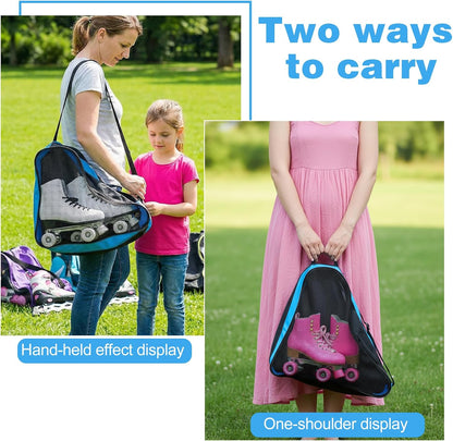 2 Pack Skate Bags with Adjustable Strap, Oxford Cloth Roller & Ice Skates Storage Bag for Shoes, Blades, Protective Gear - Light Blue & Pink