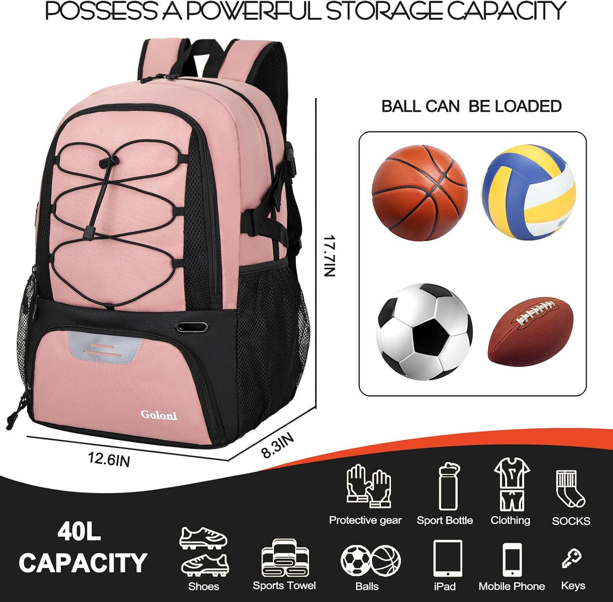 Goloni 40L Basketball Bag,Large Basketball Backpack with Ball Compartment & Shoe Compartment,Backpack for Soccer,Volleyball