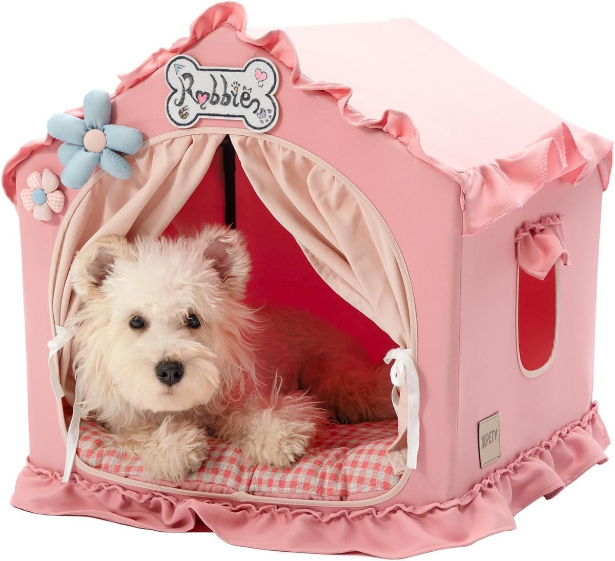 Indoor Dog House with Frame,Cute Dog Tent Bed with Cover Cave,Pink