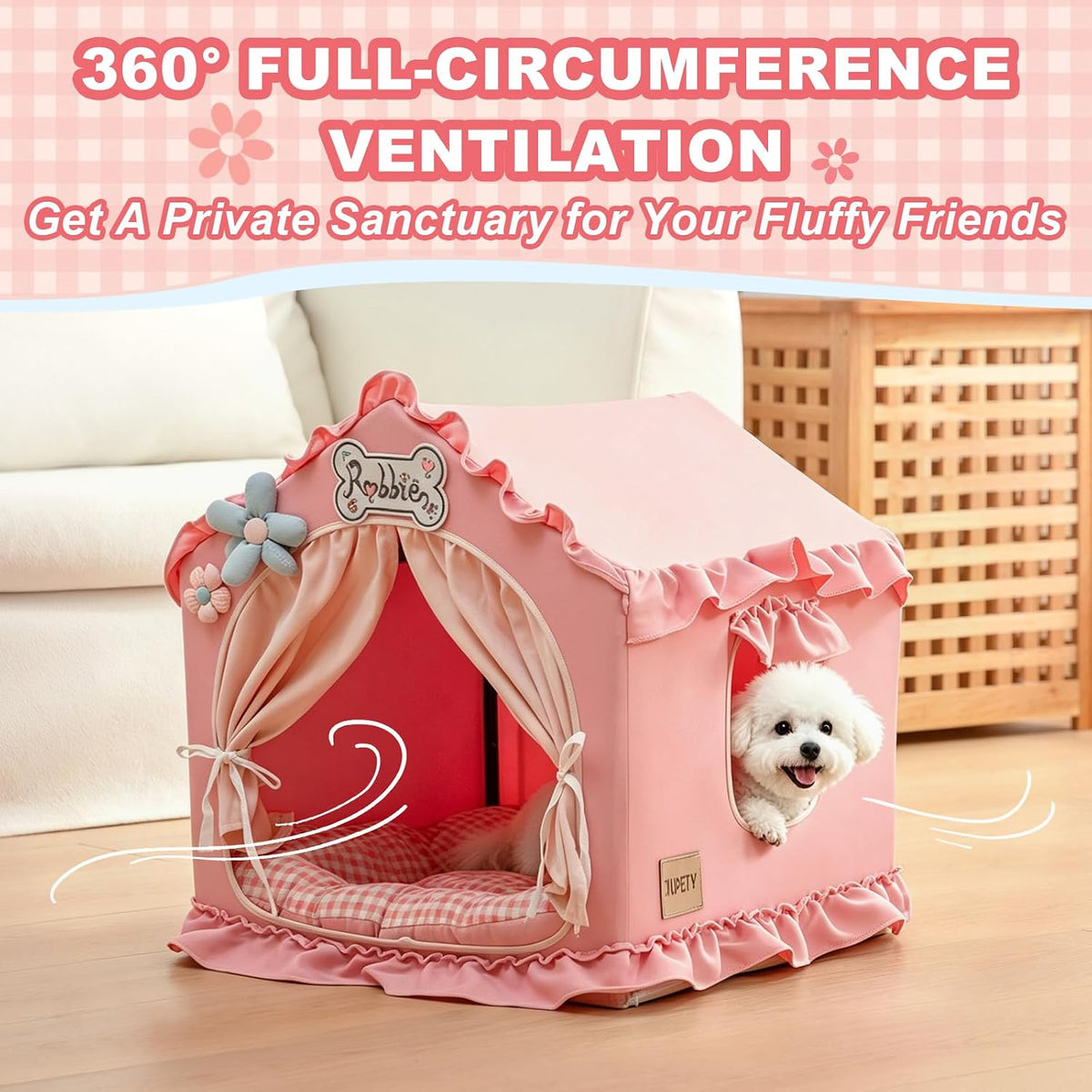 Indoor Dog House with Frame,Cute Dog Tent Bed with Cover Cave,Pink