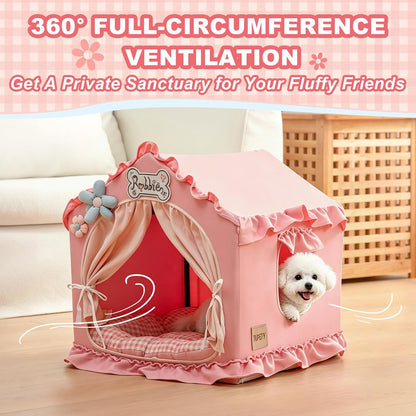 Indoor Dog House with Frame,Cute Dog Tent Bed with Cover Cave,Pink