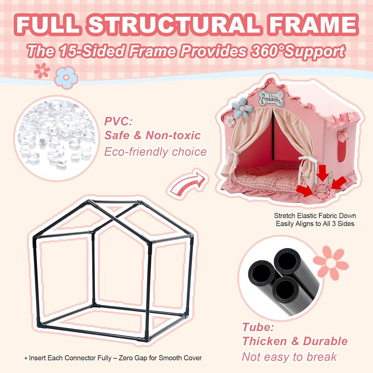 Indoor Dog House with Frame,Cute Dog Tent Bed with Cover Cave,Pink