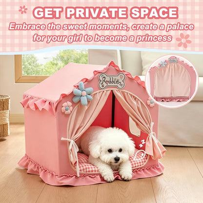 Indoor Dog House with Frame,Cute Dog Tent Bed with Cover Cave,Pink