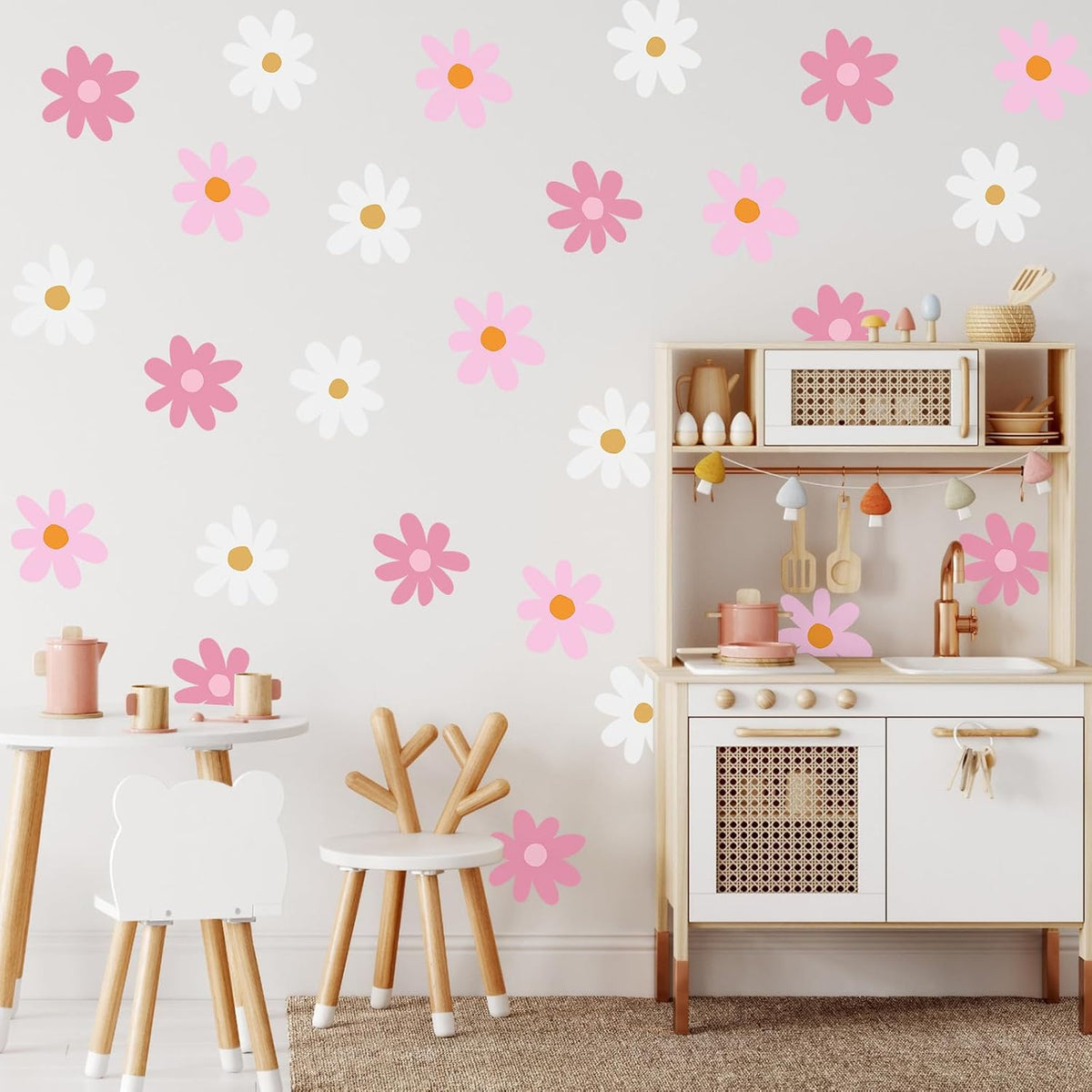 6 Sheet Daisy Decals for Wall, Pink, White