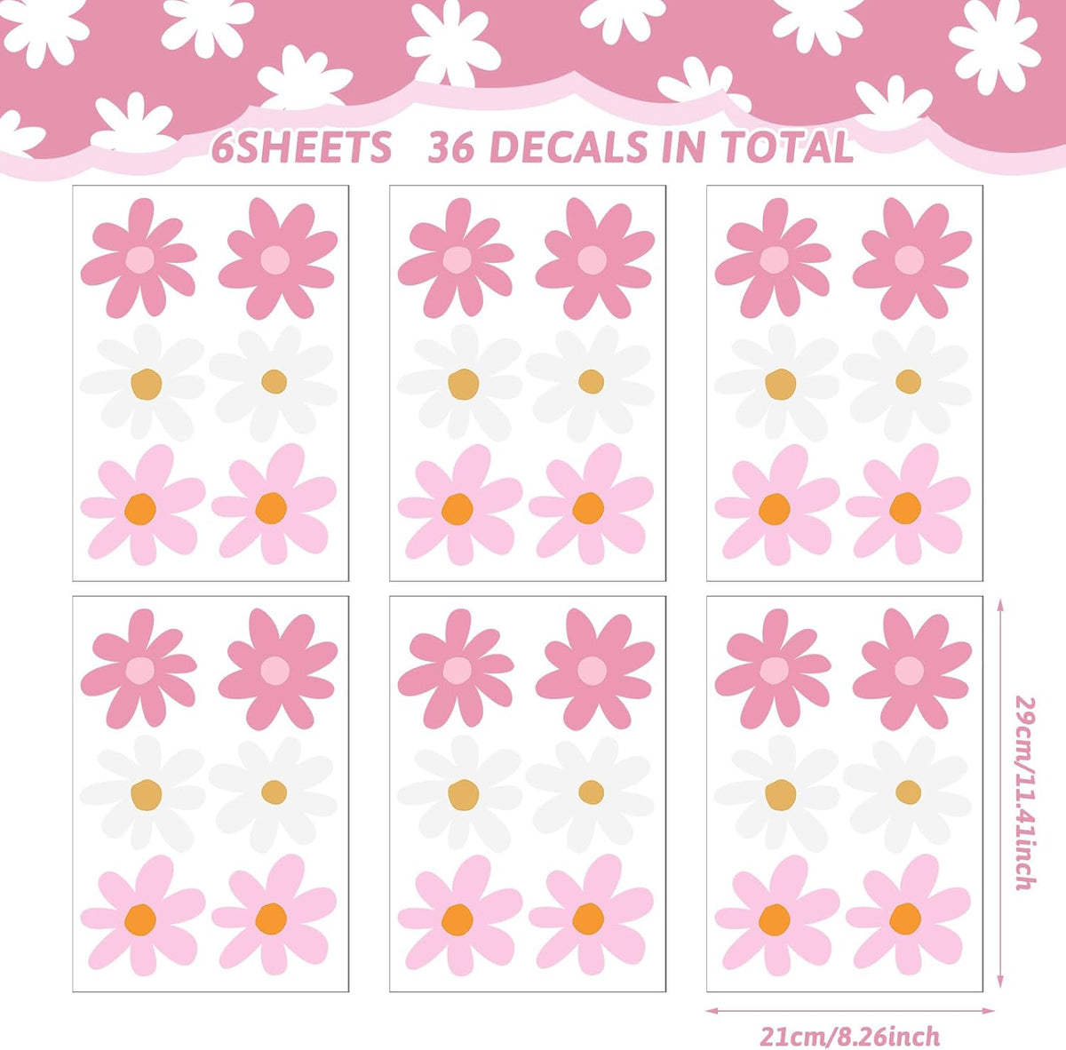 6 Sheet Daisy Decals for Wall, Pink, White