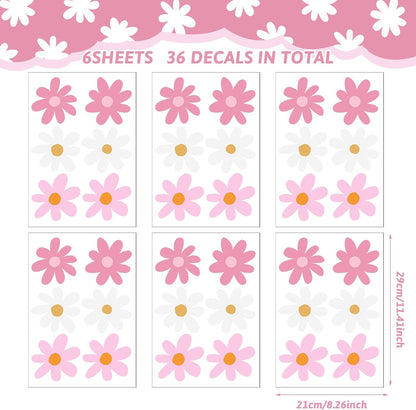 6 Sheet Daisy Decals for Wall, Pink, White
