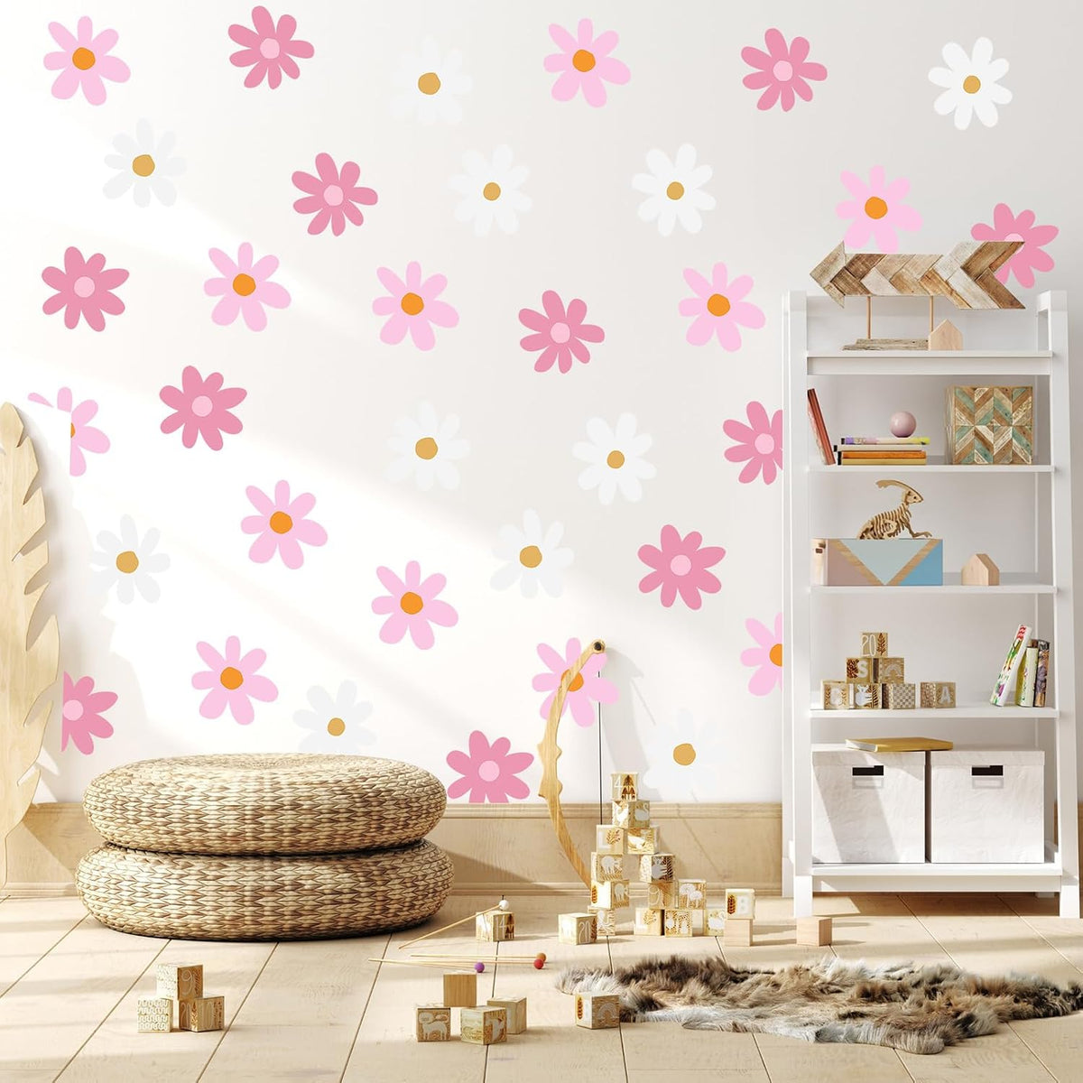 6 Sheet Daisy Decals for Wall, Pink, White