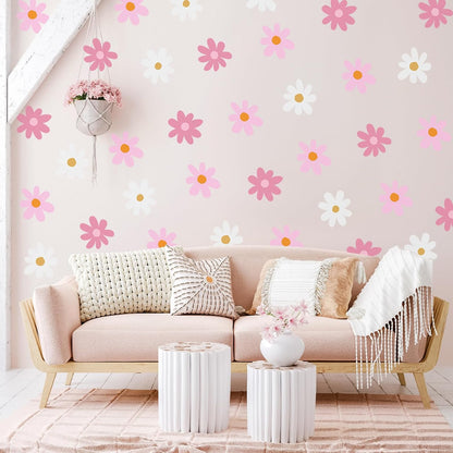 6 Sheet Daisy Decals for Wall, Pink, White