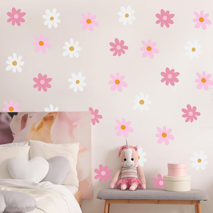 6 Sheet Daisy Decals for Wall, Pink, White