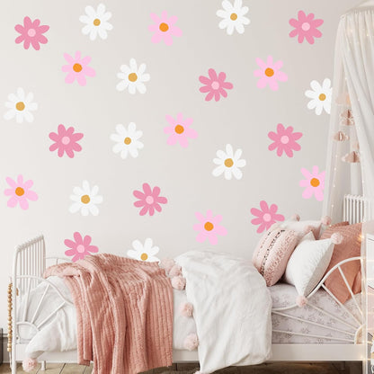 6 Sheet Daisy Decals for Wall, Pink, White