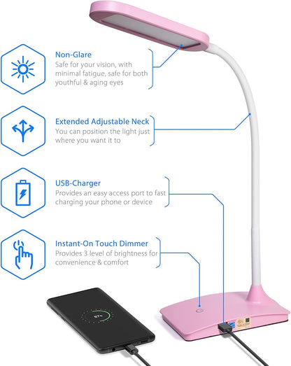Pink Desk Lamps for Home Office - Super Bright Small Desk Lamp with USB Charging Port, a Perfect LED Desk Light as Study Lamp, Bedside Reading Lights