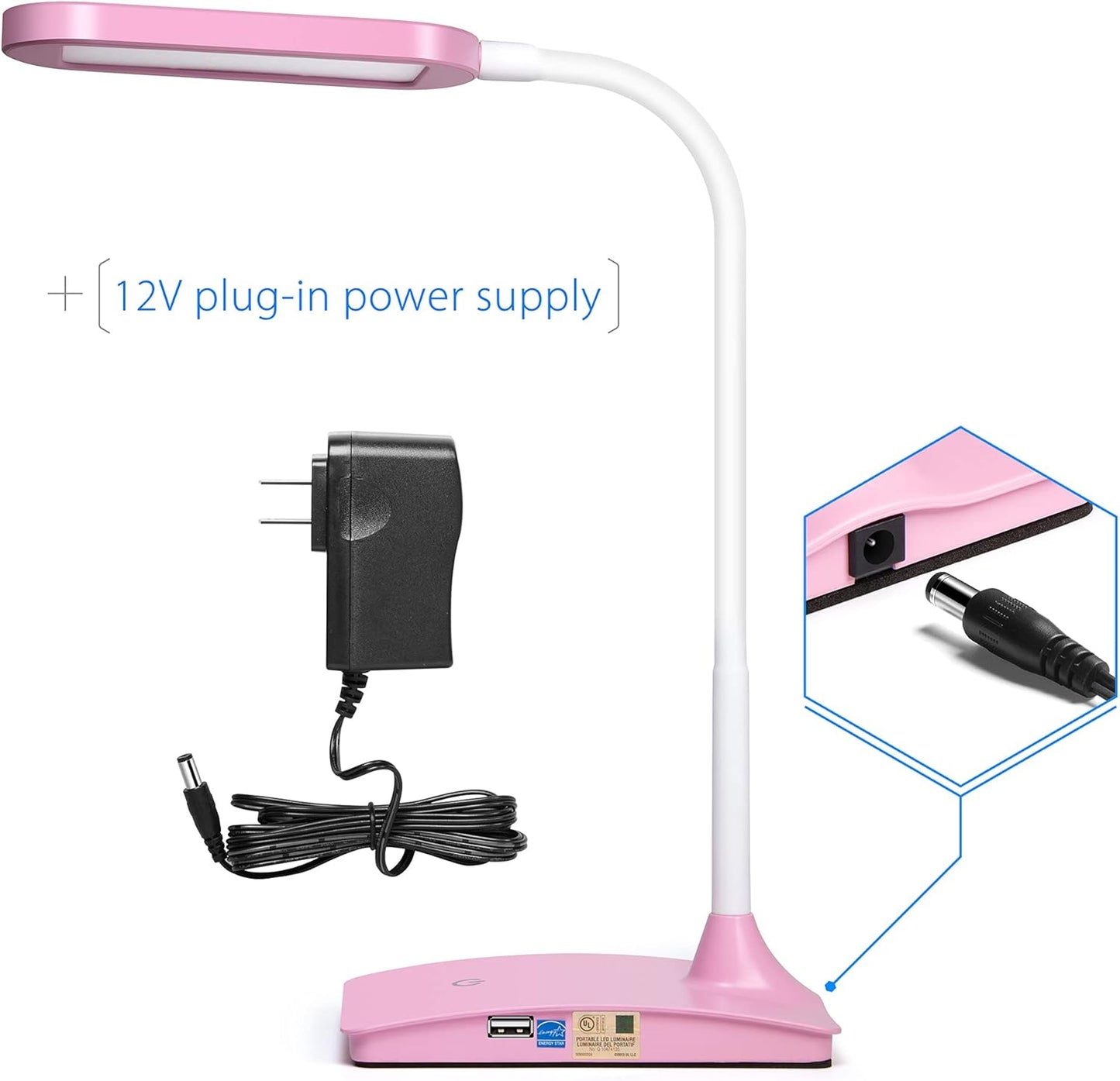Pink Desk Lamps for Home Office - Super Bright Small Desk Lamp with USB Charging Port, a Perfect LED Desk Light as Study Lamp, Bedside Reading Lights