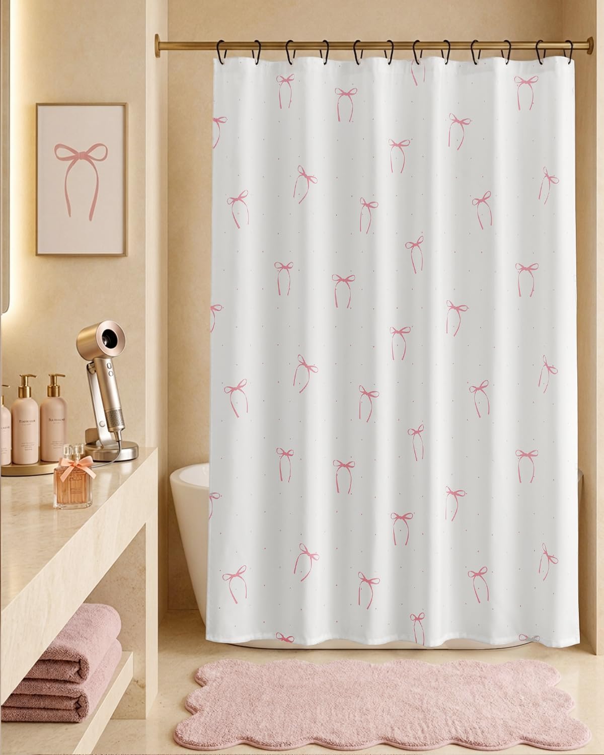 Pink Bow Shower Curtain Cute Balletcore Bathroom Decor for Girls Teens Waterproo Fabric Bath Curtain 70 x 72 Inch Pastel Ribbon Print for Apartment Dorm Girly Aesthetic