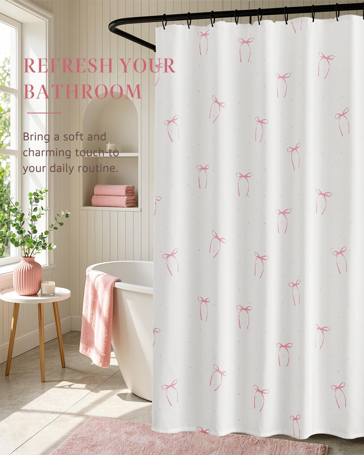 Pink Bow Shower Curtain Cute Balletcore Bathroom Decor for Girls Teens Waterproo Fabric Bath Curtain 70 x 72 Inch Pastel Ribbon Print for Apartment Dorm Girly Aesthetic