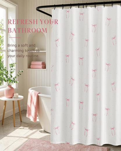 Pink Bow Shower Curtain Cute Balletcore Bathroom Decor for Girls Teens Waterproo Fabric Bath Curtain 70 x 72 Inch Pastel Ribbon Print for Apartment Dorm Girly Aesthetic
