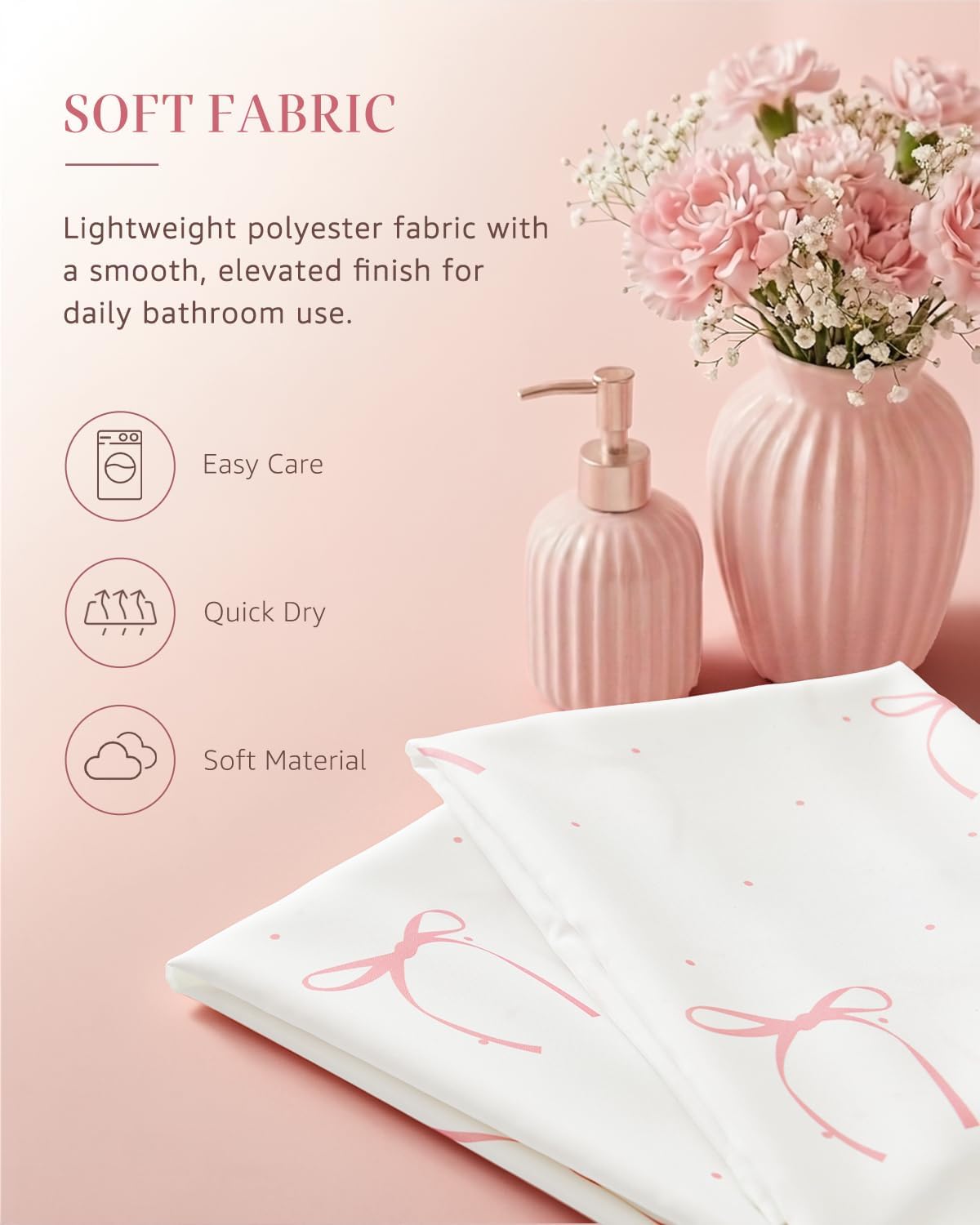Pink Bow Shower Curtain Cute Balletcore Bathroom Decor for Girls Teens Waterproo Fabric Bath Curtain 70 x 72 Inch Pastel Ribbon Print for Apartment Dorm Girly Aesthetic