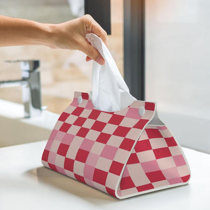 Beige Pink Checkerboard Pattern Rectangle Tissue Box Cover PVC Faux Leather Tissue Boxes Holder Lightweight Tissue Box Cube for Bathroom Home Car Office