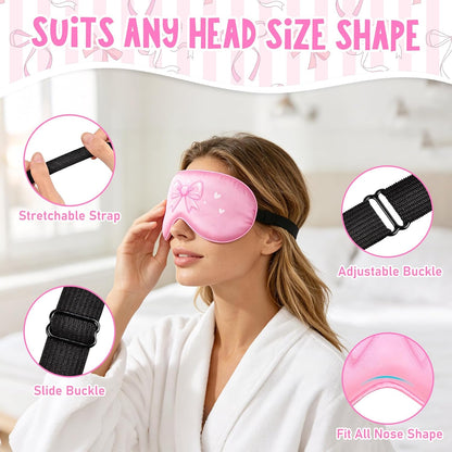 2 Pcs Girls Sleep Masks for Women Girls Silk Eye Mask Sleeping Eye Masks Women with Adjustable Strap Soft Lightweight Eye Cover Pink Bow Blindfold Shade Light Blocking Travel Home Use