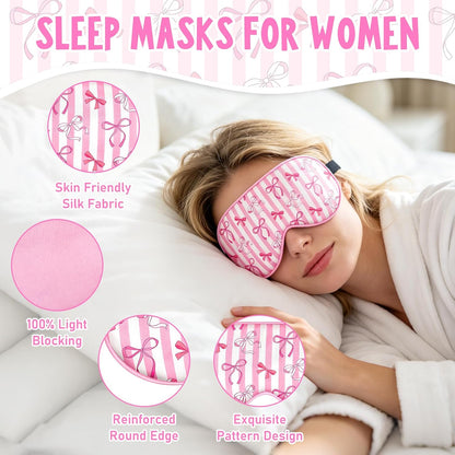 2 Pcs Girls Sleep Masks for Women Girls Silk Eye Mask Sleeping Eye Masks Women with Adjustable Strap Soft Lightweight Eye Cover Pink Bow Blindfold Shade Light Blocking Travel Home Use