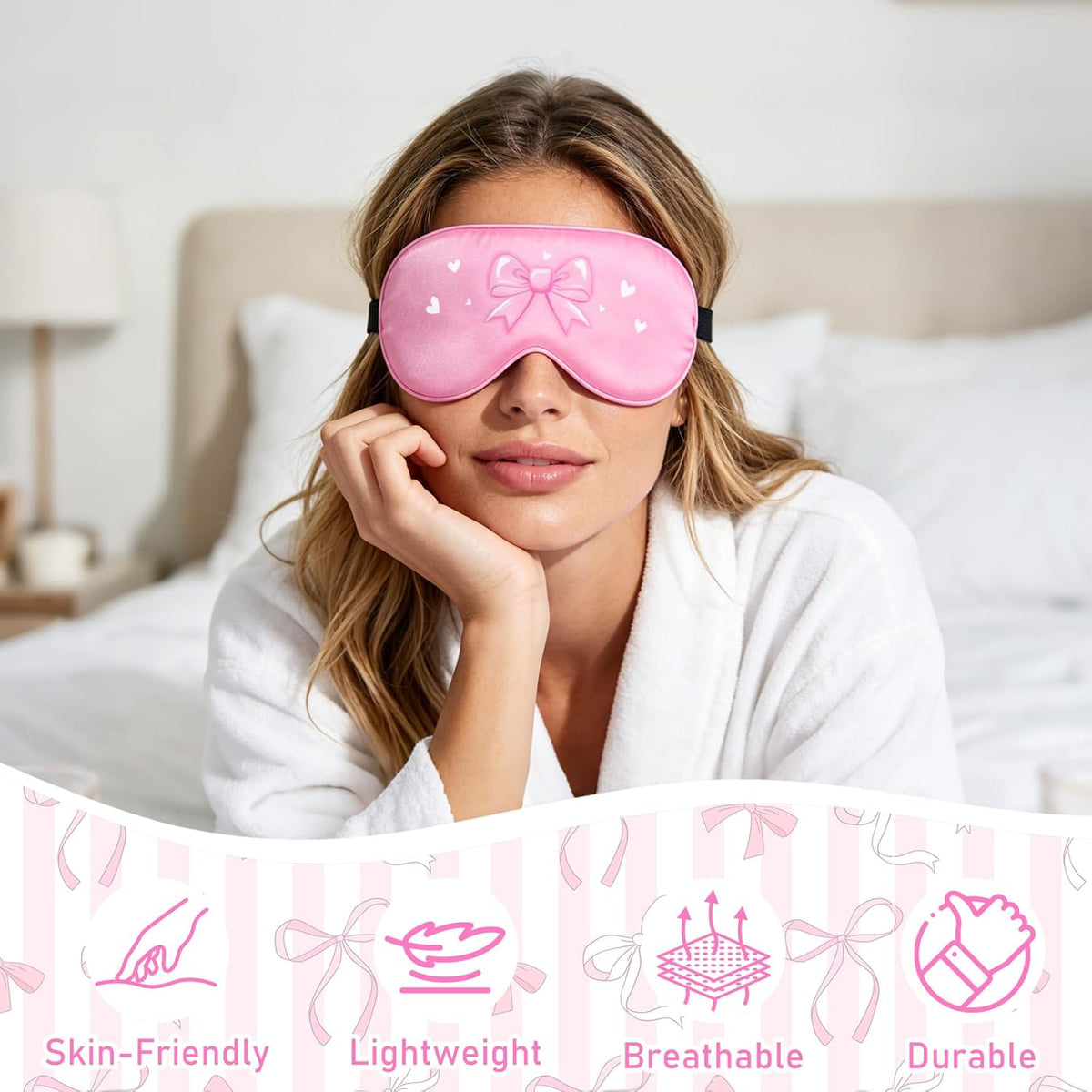 2 Pcs Girls Sleep Masks for Women Girls Silk Eye Mask Sleeping Eye Masks Women with Adjustable Strap Soft Lightweight Eye Cover Pink Bow Blindfold Shade Light Blocking Travel Home Use